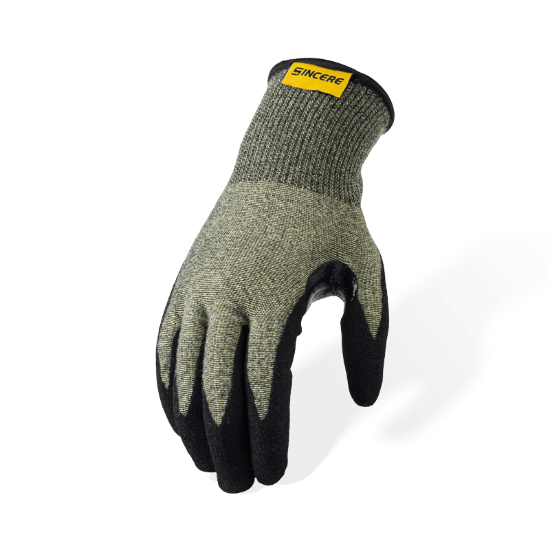 قفازات مقاومة للقطع من نوع Aramid ANSI A6 مقاس 15 مع راحة يد رملية من النتريل الأسود ومنطقة بين الفخذين معززة قفازات مقاومة للقطع من نوع Aramid ANSI A6 مقاس 15 مع راحة يد رملية من النتريل الأسود ومنطقة بين الفخذين معززة