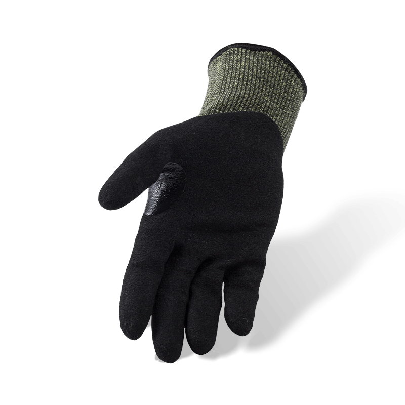 قفازات مقاومة للقطع من نوع Aramid ANSI A6 مقاس 15 مع راحة يد رملية من النتريل الأسود ومنطقة بين الفخذين معززة قفازات مقاومة للقطع من نوع Aramid ANSI A6 مقاس 15 مع راحة يد رملية من النتريل الأسود ومنطقة بين الفخذين معززة